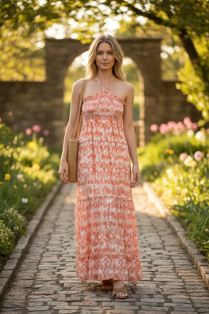 Mudd Women's Orange and White Abstract Print Smocked Halter Maxi Dress